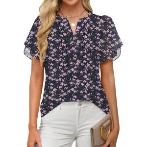 imageANRABESS Womens Dressy Chiffon Blouses V Neck Petal Short Sleeve Shirts 2026 Summer Casual Business Office Work TopsPurple Floral