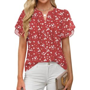 imageANRABESS Womens Dressy Chiffon Blouses V Neck Petal Short Sleeve Shirts 2026 Summer Casual Business Office Work TopsRed Floral