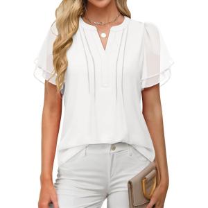 imageANRABESS Womens Dressy Chiffon Blouses V Neck Petal Short Sleeve Shirts 2026 Summer Casual Business Office Work TopsWhite