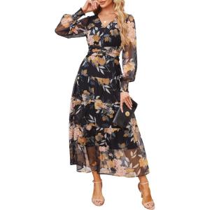 imageANRABESS Womens Floral Long Sleeve Maxi Dress V Neck Chiffon Flowy Boho ALine 2026 Spring Wedding Guest Party Wrap DressesBlack Floral Yellow