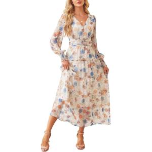 imageANRABESS Womens Floral Long Sleeve Maxi Dress V Neck Chiffon Flowy Boho ALine 2026 Spring Wedding Guest Party Wrap DressesFloral Beige