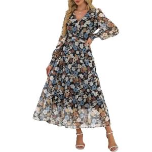 imageANRABESS Womens Floral Long Sleeve Maxi Dress V Neck Chiffon Flowy Boho ALine 2026 Spring Wedding Guest Party Wrap DressesFloral Black