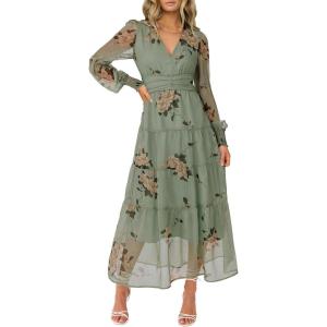 imageANRABESS Womens Floral Long Sleeve Maxi Dress V Neck Chiffon Flowy Boho ALine 2026 Spring Wedding Guest Party Wrap DressesFloral Green