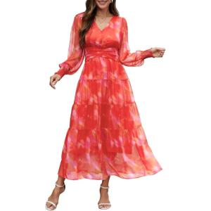 imageANRABESS Womens Floral Long Sleeve Maxi Dress V Neck Chiffon Flowy Boho ALine 2026 Spring Wedding Guest Party Wrap DressesFloral Red