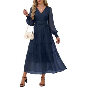 imageANRABESS Womens Floral Long Sleeve Maxi Dress V Neck Chiffon Flowy Boho ALine 2026 Spring Wedding Guest Party Wrap DressesNavy Blue