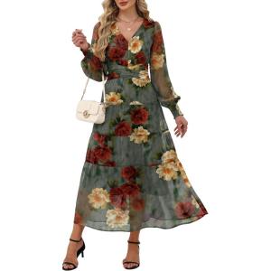 imageANRABESS Womens Floral Long Sleeve Maxi Dress V Neck Chiffon Flowy Boho ALine 2026 Spring Wedding Guest Party Wrap DressesRed Yellow Rose