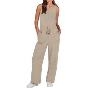 imageANRABESS Womens Jumpsuits 2026 Spring Fall Thick Casual Romper Sleeveless Wide Leg Pants One Piece Outfits Vacation ClothesApricot