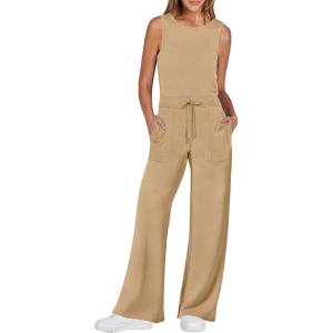 imageANRABESS Womens Jumpsuits 2026 Spring Fall Thick Casual Romper Sleeveless Wide Leg Pants One Piece Outfits Vacation ClothesKhaki