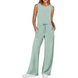 imageANRABESS Womens Jumpsuits 2026 Spring Fall Thick Casual Romper Sleeveless Wide Leg Pants One Piece Outfits Vacation ClothesPea Green