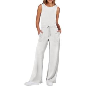 imageANRABESS Womens Jumpsuits 2026 Spring Fall Thick Casual Romper Sleeveless Wide Leg Pants One Piece Outfits Vacation ClothesWhite