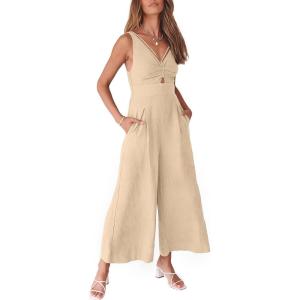 imageANRABESS Womens Jumpsuits Summer Linen Wide Leg Sleeveless V Neck Casual Dressy Rompers Pants 2026 Spring Vacation OutfitsBeige