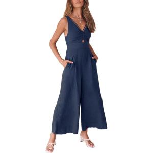 imageANRABESS Womens Jumpsuits Summer Linen Wide Leg Sleeveless V Neck Casual Dressy Rompers Pants 2026 Spring Vacation OutfitsBlue