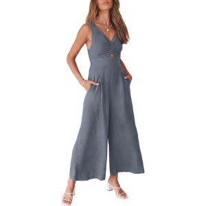 imageANRABESS Womens Jumpsuits Summer Linen Wide Leg Sleeveless V Neck Casual Dressy Rompers Pants 2026 Spring Vacation OutfitsDark Grey