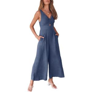 imageANRABESS Womens Jumpsuits Summer Linen Wide Leg Sleeveless V Neck Casual Dressy Rompers Pants 2026 Spring Vacation OutfitsDeep Blue