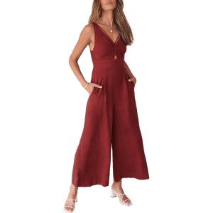imageANRABESS Womens Jumpsuits Summer Linen Wide Leg Sleeveless V Neck Casual Dressy Rompers Pants 2026 Spring Vacation OutfitsDeep Red