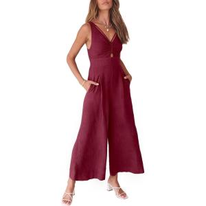 imageANRABESS Womens Jumpsuits Summer Linen Wide Leg Sleeveless V Neck Casual Dressy Rompers Pants 2026 Spring Vacation OutfitsFuchsia
