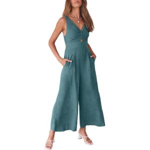 imageANRABESS Womens Jumpsuits Summer Linen Wide Leg Sleeveless V Neck Casual Dressy Rompers Pants 2026 Spring Vacation OutfitsLake Blue