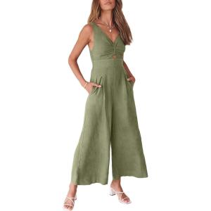 imageANRABESS Womens Jumpsuits Summer Linen Wide Leg Sleeveless V Neck Casual Dressy Rompers Pants 2026 Spring Vacation OutfitsOlive