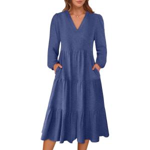 imageANRABESS Womens Long Lantern Sleeve Floral Midi Dresses 2026 Spring V Neck Casual Flowy Aline Tiered Boho Vacation DressBlue
