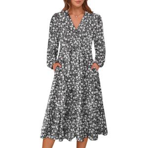 imageANRABESS Womens Long Lantern Sleeve Floral Midi Dresses 2026 Spring V Neck Casual Flowy Aline Tiered Boho Vacation DressFloral Black