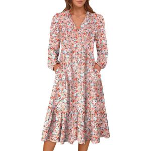 imageANRABESS Womens Long Lantern Sleeve Floral Midi Dresses 2026 Spring V Neck Casual Flowy Aline Tiered Boho Vacation DressFloral Pink