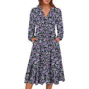 imageANRABESS Womens Long Lantern Sleeve Floral Midi Dresses 2026 Spring V Neck Casual Flowy Aline Tiered Boho Vacation DressFloral Purple Black