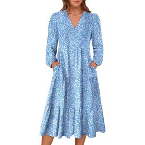 imageANRABESS Womens Long Lantern Sleeve Floral Midi Dresses 2026 Spring V Neck Casual Flowy Aline Tiered Boho Vacation DressFloral White Blue