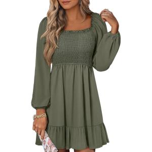 imageANRABESS Womens Long Lantern Sleeve Square Neck Dress Smocked Tiered High Waist Ruffle Flowy Swing 2026 Spring Short DressesArmy Green