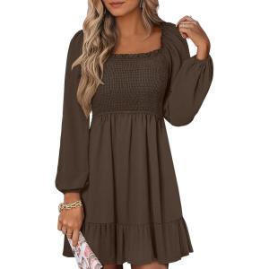 imageANRABESS Womens Long Lantern Sleeve Square Neck Dress Smocked Tiered High Waist Ruffle Flowy Swing 2026 Spring Short DressesBrown