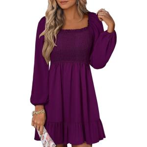 imageANRABESS Womens Long Lantern Sleeve Square Neck Dress Smocked Tiered High Waist Ruffle Flowy Swing 2026 Spring Short DressesDeep Purple