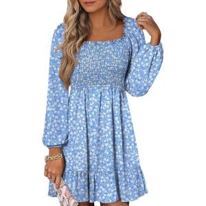 imageANRABESS Womens Long Lantern Sleeve Square Neck Dress Smocked Tiered High Waist Ruffle Flowy Swing 2026 Spring Short DressesFloral Blue