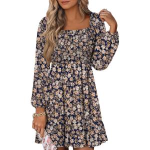 imageANRABESS Womens Long Lantern Sleeve Square Neck Dress Smocked Tiered High Waist Ruffle Flowy Swing 2026 Spring Short DressesFloral Navy Blue