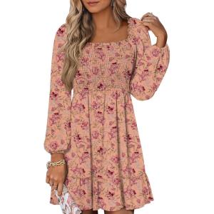 imageANRABESS Womens Long Lantern Sleeve Square Neck Dress Smocked Tiered High Waist Ruffle Flowy Swing 2026 Spring Short DressesPrint Rose Pink