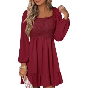 imageANRABESS Womens Long Lantern Sleeve Square Neck Dress Smocked Tiered High Waist Ruffle Flowy Swing 2026 Spring Short DressesRed