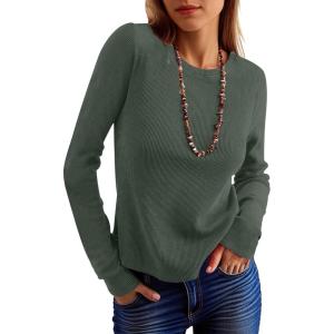 imageANRABESS Womens Long Sleeve Waffle Knit Shirts Casual Slim Fitted Crew Neck Thermal Tops Basic Tee 2026 Fall Trendy OutfitsArmy Green