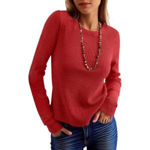imageANRABESS Womens Long Sleeve Waffle Knit Shirts Casual Slim Fitted Crew Neck Thermal Tops Basic Tee 2026 Fall Trendy OutfitsBright Red
