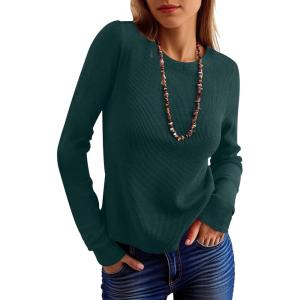 imageANRABESS Womens Long Sleeve Waffle Knit Shirts Casual Slim Fitted Crew Neck Thermal Tops Basic Tee 2026 Fall Trendy OutfitsDeep Green