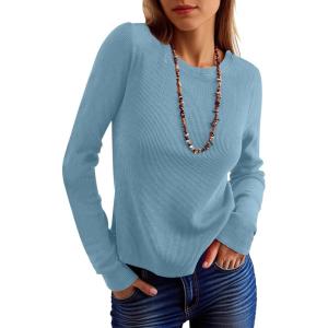imageANRABESS Womens Long Sleeve Waffle Knit Shirts Casual Slim Fitted Crew Neck Thermal Tops Basic Tee 2026 Fall Trendy OutfitsDusty Blue