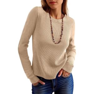 imageANRABESS Womens Long Sleeve Waffle Knit Shirts Casual Slim Fitted Crew Neck Thermal Tops Basic Tee 2026 Fall Trendy OutfitsLight Brown