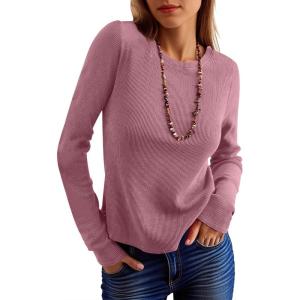 imageANRABESS Womens Long Sleeve Waffle Knit Shirts Casual Slim Fitted Crew Neck Thermal Tops Basic Tee 2026 Fall Trendy OutfitsMauve