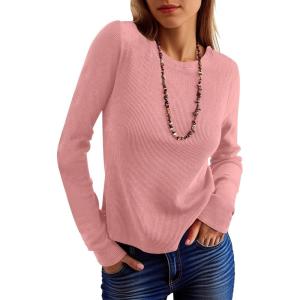 imageANRABESS Womens Long Sleeve Waffle Knit Shirts Casual Slim Fitted Crew Neck Thermal Tops Basic Tee 2026 Fall Trendy OutfitsPink