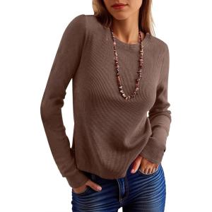 imageANRABESS Womens Long Sleeve Waffle Knit Shirts Casual Slim Fitted Crew Neck Thermal Tops Basic Tee 2026 Fall Trendy OutfitsRed Brown