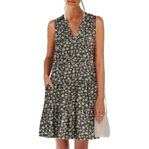 imageANRABESS Womens Mini Dresses Sleeveless V Neck Tiered Swing Going Out Beach Vacation Sundress 2026 Summer Casual OutfitsBlack White Floral