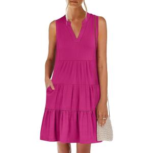 imageANRABESS Womens Mini Dresses Sleeveless V Neck Tiered Swing Going Out Beach Vacation Sundress 2026 Summer Casual OutfitsHot Pink