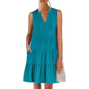 imageANRABESS Womens Mini Dresses Sleeveless V Neck Tiered Swing Going Out Beach Vacation Sundress 2026 Summer Casual OutfitsLake Green