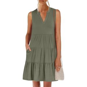 imageANRABESS Womens Mini Dresses Sleeveless V Neck Tiered Swing Going Out Beach Vacation Sundress 2026 Summer Casual OutfitsOlive