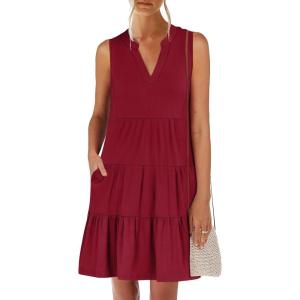 imageANRABESS Womens Mini Dresses Sleeveless V Neck Tiered Swing Going Out Beach Vacation Sundress 2026 Summer Casual OutfitsWine Red