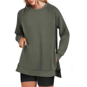 imageANRABESS Womens Oversized Sweatshirts Crewneck Long Sleeve Tunic Pullover Shirts Side Zipper Hoodies 2026 Spring ClothesArmy Green
