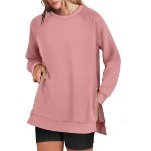 imageANRABESS Womens Oversized Sweatshirts Crewneck Long Sleeve Tunic Pullover Shirts Side Zipper Hoodies 2026 Spring ClothesDark Pink