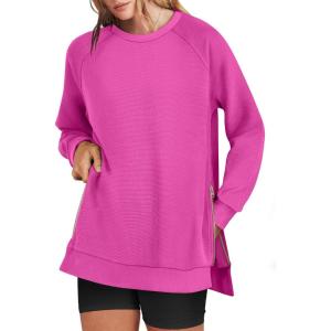imageANRABESS Womens Oversized Sweatshirts Crewneck Long Sleeve Tunic Pullover Shirts Side Zipper Hoodies 2026 Spring ClothesHot Pink